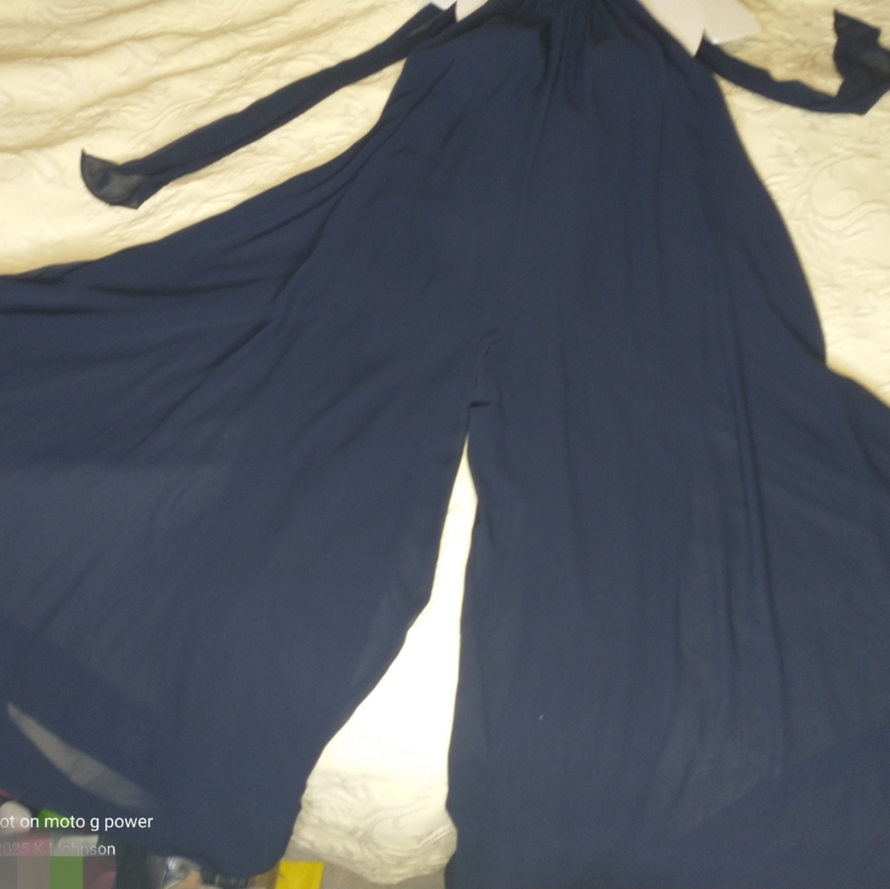 Elegant Formal Navy Blue Wide Leg Chiffon Jumpsuit By Prelude Size L - Picture 7 of 12